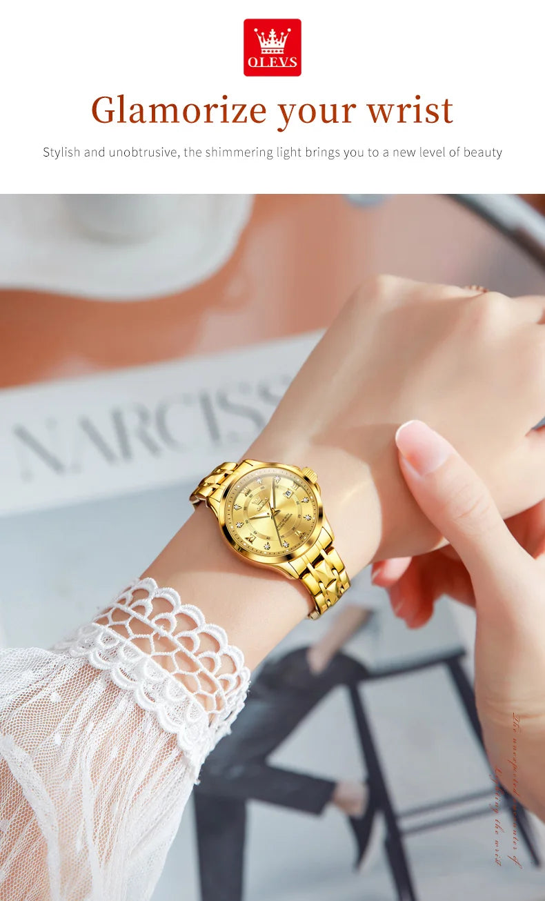 WW-001-UU】OLEVS Women‘s Watches Luxury Fashion Gold Small Wristwatch for Ladies Original Waterproof Rhombus Stainless Steel Strap Date