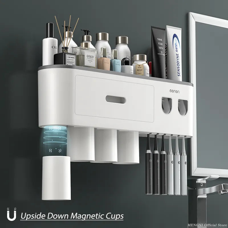 BB-001-UU】MENGNI-Magnetic Adsorption Inverted Toothbrush Holder Wall -Automatic Toothpaste Squeezer Storage Rack Bathroom Accessories