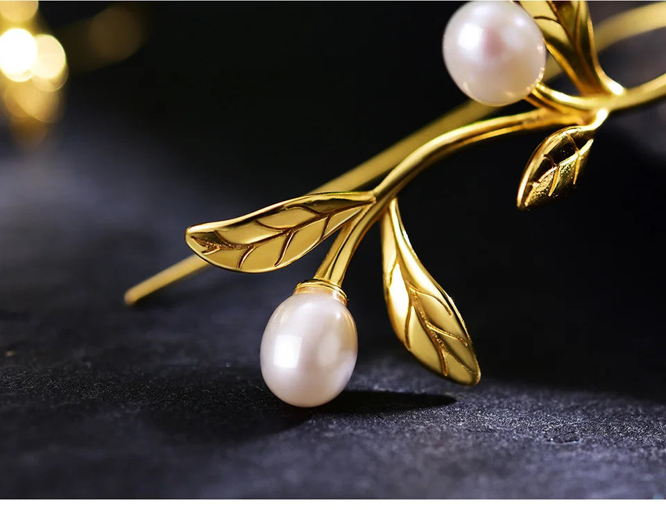 JE-022-UU】Lotus Fun Real 925 Sterling Silver Natural Pearl Earrings Fine Jewelry Waterdrops from the Olive Leaves Drop Earrings for Women