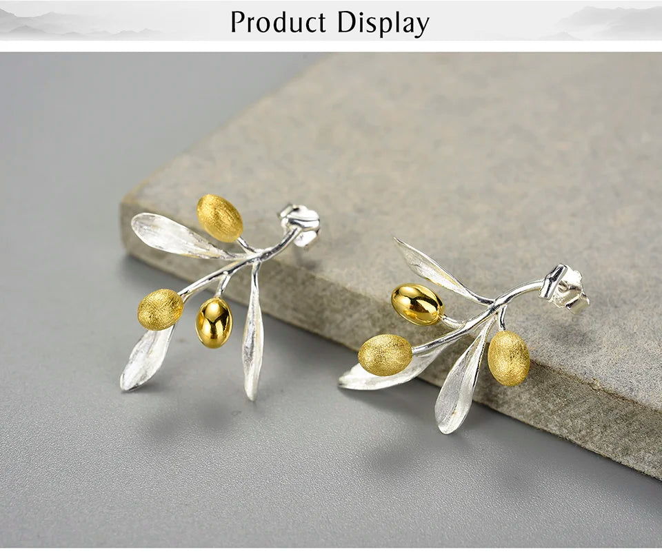 JE-009-UU】Lotus Fun Olive Leaves Branch Fruits Unusual Earrings for Women Real 925 Sterling Silver Original Statement Wedding Fine Jewelry