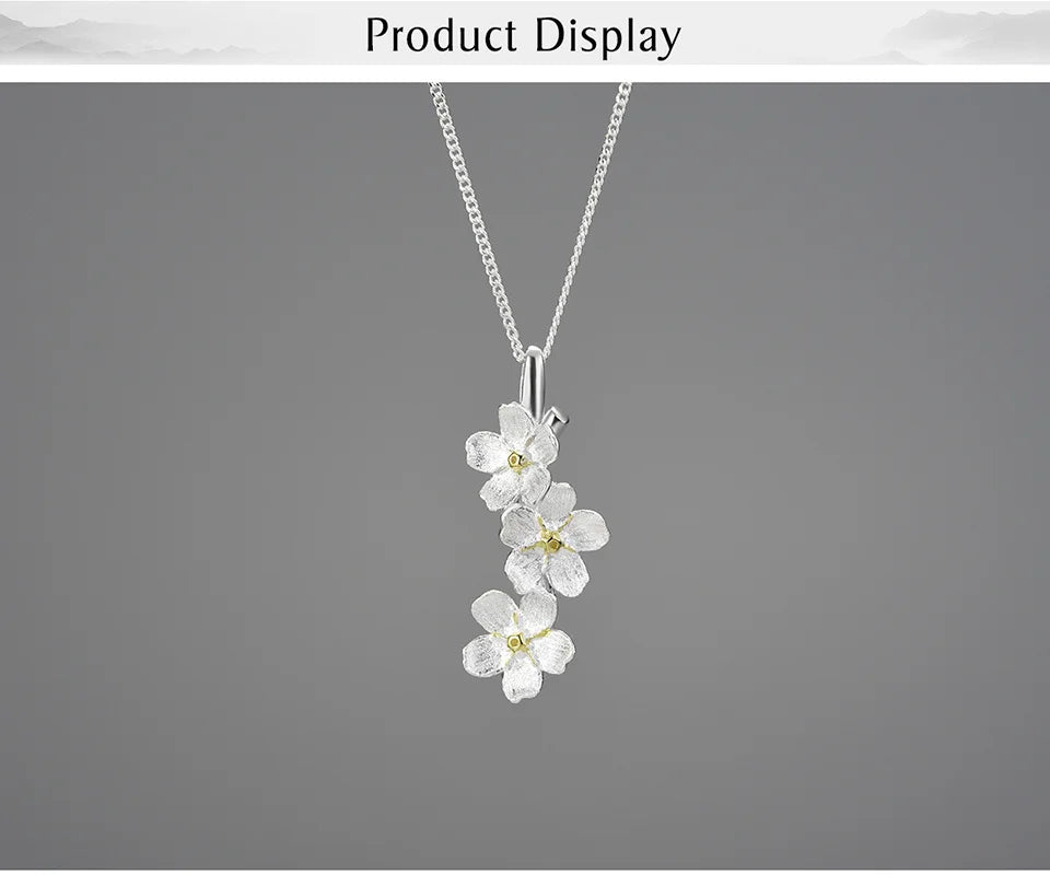 JN-002-UU】Lotus Fun Real 925 Sterling Silver Long Elegant Forget-me-not Flower Pendant Fashion Jewelry Chains and Necklace for Women Gift