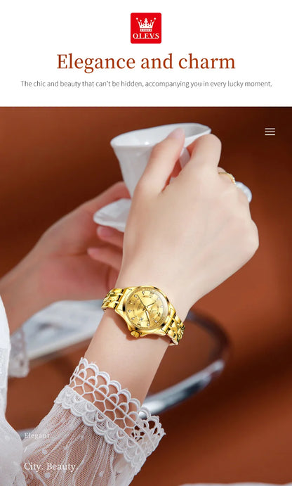 WW-001-UU】OLEVS Women‘s Watches Luxury Fashion Gold Small Wristwatch for Ladies Original Waterproof Rhombus Stainless Steel Strap Date