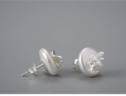 JE-021-UU】Lotus Fun Unusual Vintage Natural Baroque Pearl 18K Gold Bee Stud Earrings for Women Real 925 Sterling Silver Party Fine Jewelry