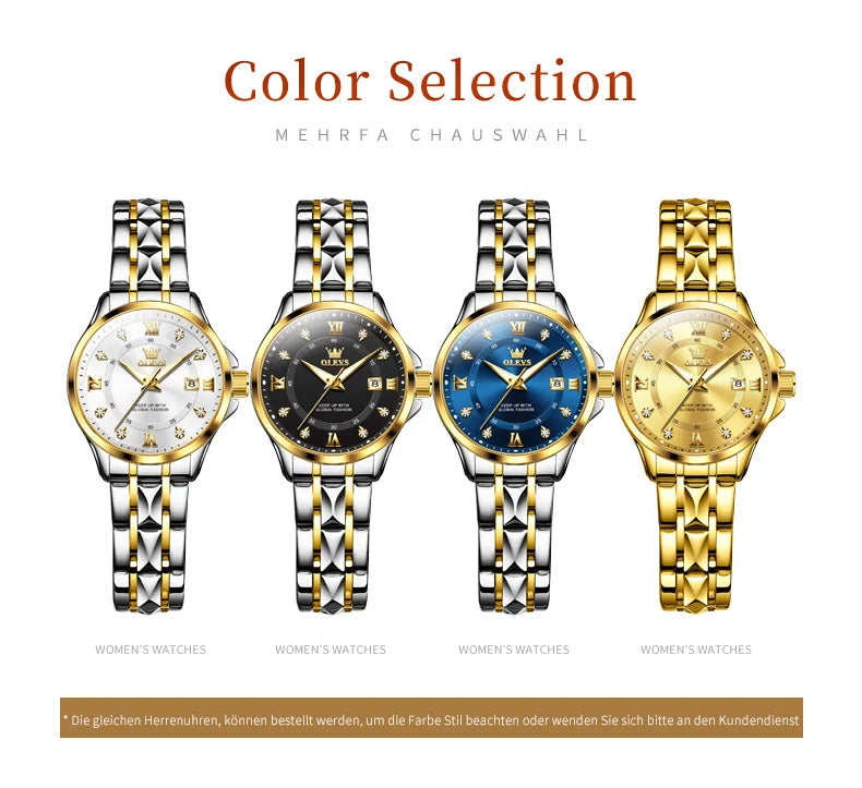 WW-001-UU】OLEVS Women‘s Watches Luxury Fashion Gold Small Wristwatch for Ladies Original Waterproof Rhombus Stainless Steel Strap Date