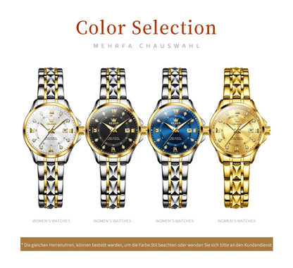 WW-001-UU】OLEVS Women‘s Watches Luxury Fashion Gold Small Wristwatch for Ladies Original Waterproof Rhombus Stainless Steel Strap Date