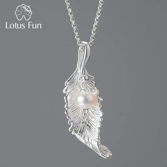 JN-006-UU】Lotus Fun Natural Pearl Fashion Long Leaf Pendants and Necklaces for Women Real 925 Sterling Silver Chains Vintage Fine Jewelry