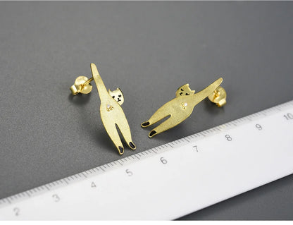 JE-020-UU】Lotus Fun 18K Gold Unusual Long Naughty Kitten Cat Stud Earrings for Women Gift Real 925 Sterling Silver Original Modern Jewelry