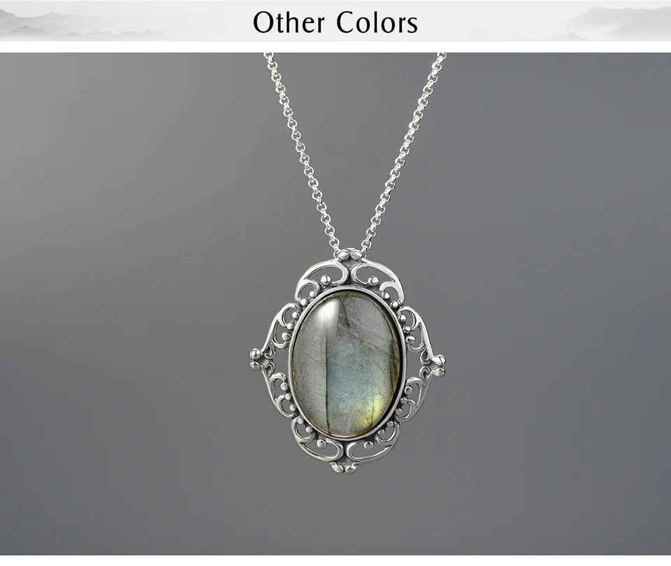 JN-014-UU】Lotus Fun Real 925 Sterling Silver Natural Labradorite Stone Handmade Fine Jewelry Vintage Pendant without Necklace