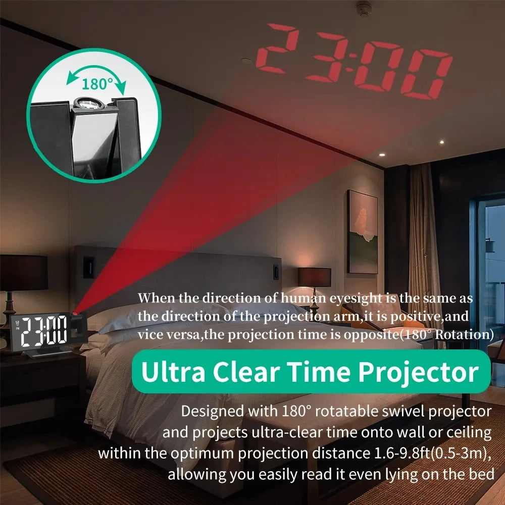 WT-007-UU】Digital Alarm Clock 180° Rotation Projection Alarm Clock with Time Temperature Snooze Table Clock 12/24H USB Projector LED Clock