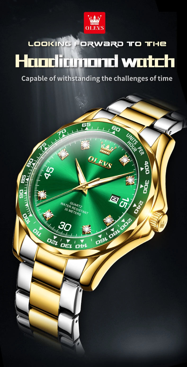 MW-007-UU】OLEVS Golden Green Quartz Watch for Men Luxury Brand Diving Waterproof Stainless steel Rubber Strap Men's Watches