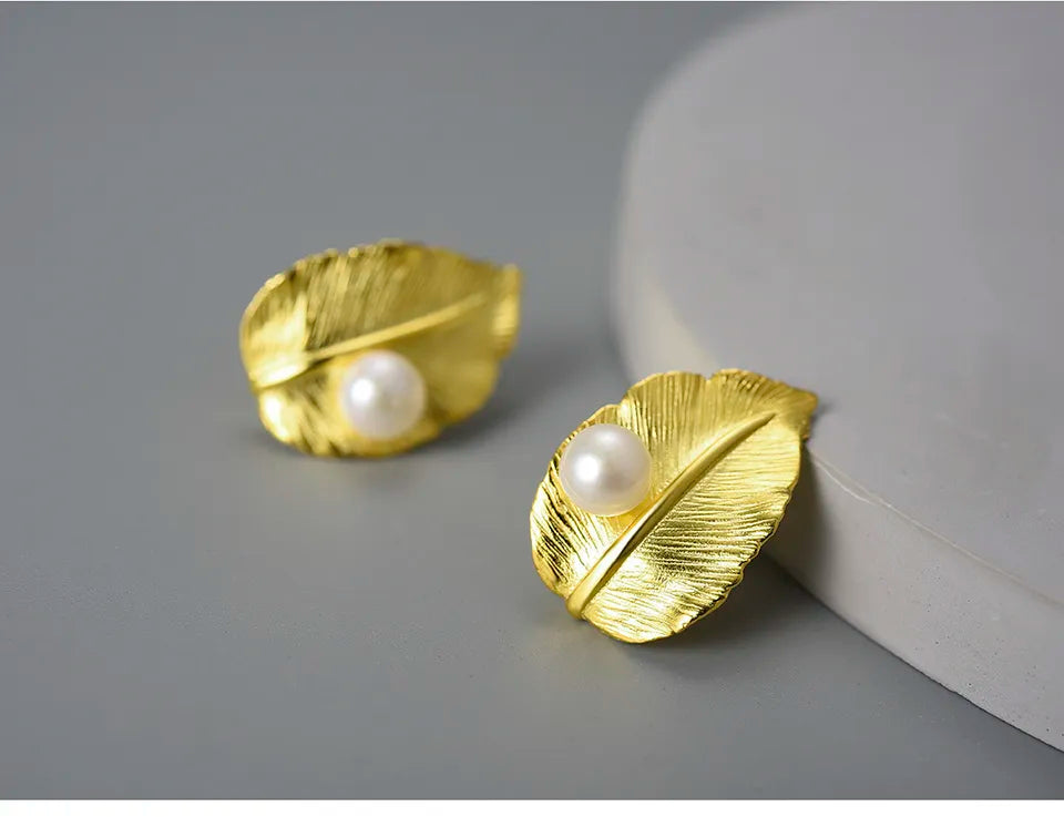 JE-012-UU】Lotus Fun 18K Gold Natural Pearl Unusual New Leaf  Stud Earrings for Women Original Real 925 Sterling Silver Luxury Fine Jewelry