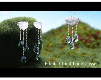 JE-007-UU】Lotus Fun Real 925 Sterling Silver Natural Crystal Gems Fine Jewelry Ethnic Cloud Long Tassel Drop Earrings