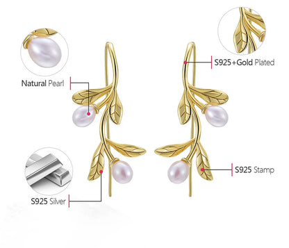 JE-022-UU】Lotus Fun Real 925 Sterling Silver Natural Pearl Earrings Fine Jewelry Waterdrops from the Olive Leaves Drop Earrings for Women