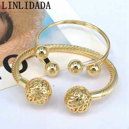 JB-003-UU】(5 Pieces)18K Gold Plated Copper Charm Ball Cuff Bangle Women Bracelet Stackable Daily Fashion Jewelry