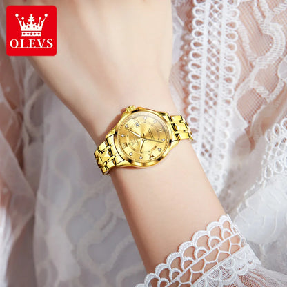 WW-001-UU】OLEVS Women‘s Watches Luxury Fashion Gold Small Wristwatch for Ladies Original Waterproof Rhombus Stainless Steel Strap Date