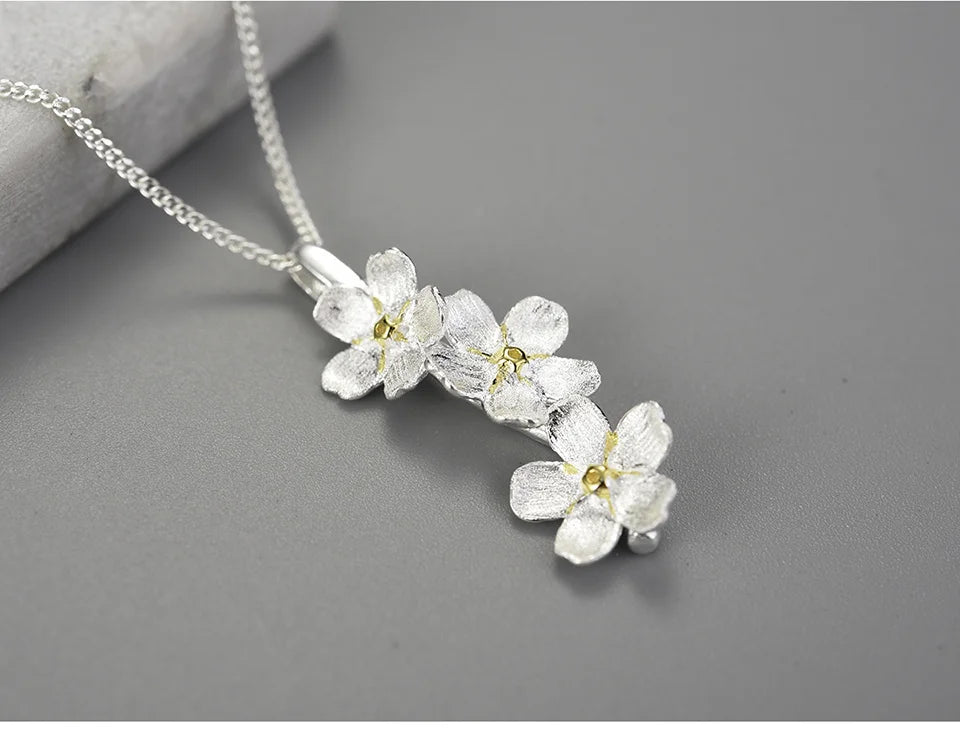 JN-002-UU】Lotus Fun Real 925 Sterling Silver Long Elegant Forget-me-not Flower Pendant Fashion Jewelry Chains and Necklace for Women Gift