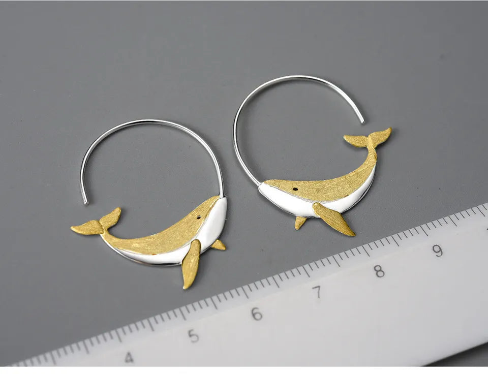 JE-003-UU】Lotus Fun 18K Gold Personality Whale Round Hoop Earrings for Women Real 925 Sterling Silver Original Animal Fashion Fine Jewelry