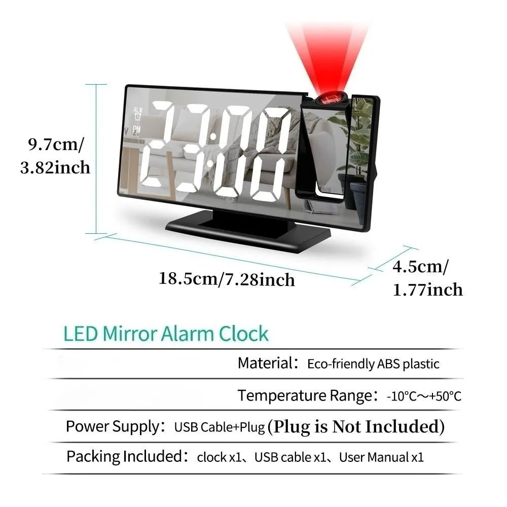 WT-007-UU】Digital Alarm Clock 180° Rotation Projection Alarm Clock with Time Temperature Snooze Table Clock 12/24H USB Projector LED Clock