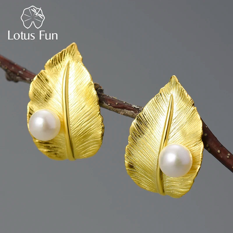 JE-012-UU】Lotus Fun 18K Gold Natural Pearl Unusual New Leaf  Stud Earrings for Women Original Real 925 Sterling Silver Luxury Fine Jewelry