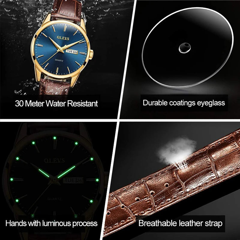 MW-012-UU】OLEVS Men`s Quartz Watches Brand Luxury Casual Fashion Men's Watch For Gifts Breathable leather Waterproof