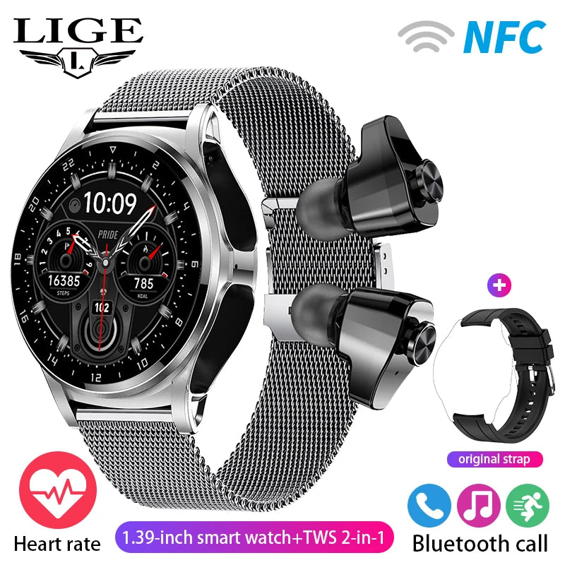 WM-A024-UUJ】LIGE NFC Smart Watch Men Women Smart Watch 2023 TWS Bluetooth Earphone Call Music Health Monitor 400mAh Sport Fitness