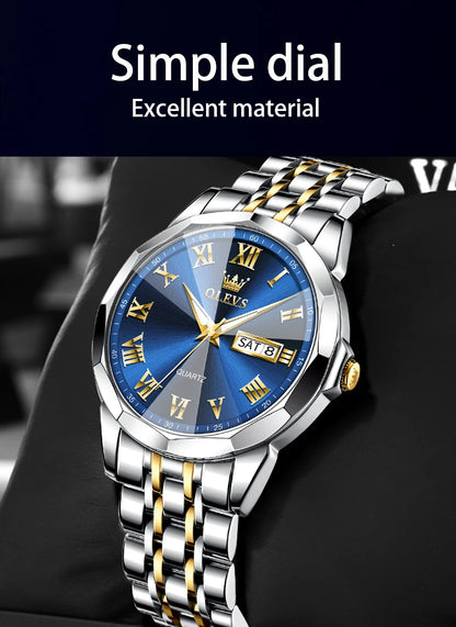 MW-009-UU】OLEVS Business Male Wristwatch Top Brand Luxury Waterproof Stainless Steel Watch For Men Dual Calendar Rhombus