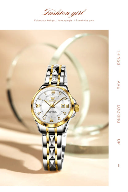 WW-001-UU】OLEVS Women‘s Watches Luxury Fashion Gold Small Wristwatch for Ladies Original Waterproof Rhombus Stainless Steel Strap Date