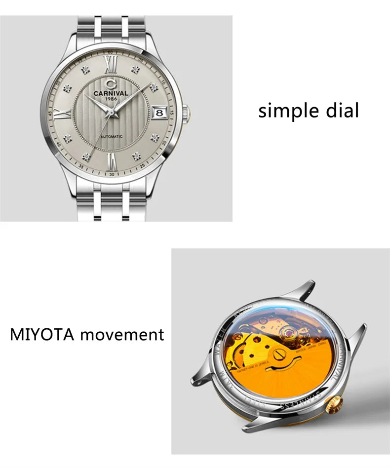 WW-003-UU】 New Carnival Fashion Women Mechanical Watches 316L Sapphire Stainless Steel Waterproof MIYOTA Movement Automatic Watch