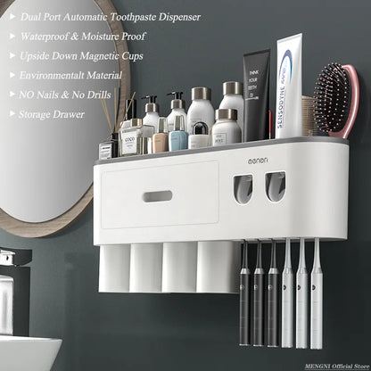 BB-001-UU】MENGNI-Magnetic Adsorption Inverted Toothbrush Holder Wall -Automatic Toothpaste Squeezer Storage Rack Bathroom Accessories