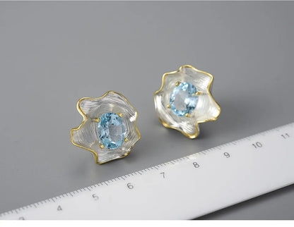 JE-019-UU】Lotus Fun Natural Topaz Gemstone Curled Leaf Stud Earrings for Women 925 Sterling Silver Vintage Baroque Style Luxury Jewelry