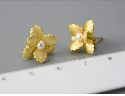 JE-016-UU】Lotus Fun Original 18K Gold Natural Pearl Delicate Begonia Flower Stud Earrings for Women 925 Sterling Silver Fashion Jewelry