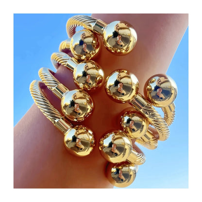 JB-003-UU】(5 Pieces)18K Gold Plated Copper Charm Ball Cuff Bangle Women Bracelet Stackable Daily Fashion Jewelry