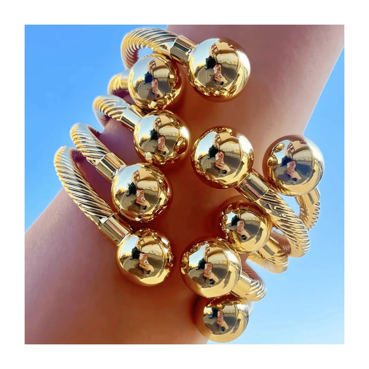 JB-003-UU】(5 Pieces)18K Gold Plated Copper Charm Ball Cuff Bangle Women Bracelet Stackable Daily Fashion Jewelry