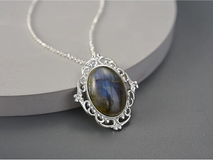 JN-014-UU】Lotus Fun Real 925 Sterling Silver Natural Labradorite Stone Handmade Fine Jewelry Vintage Pendant without Necklace