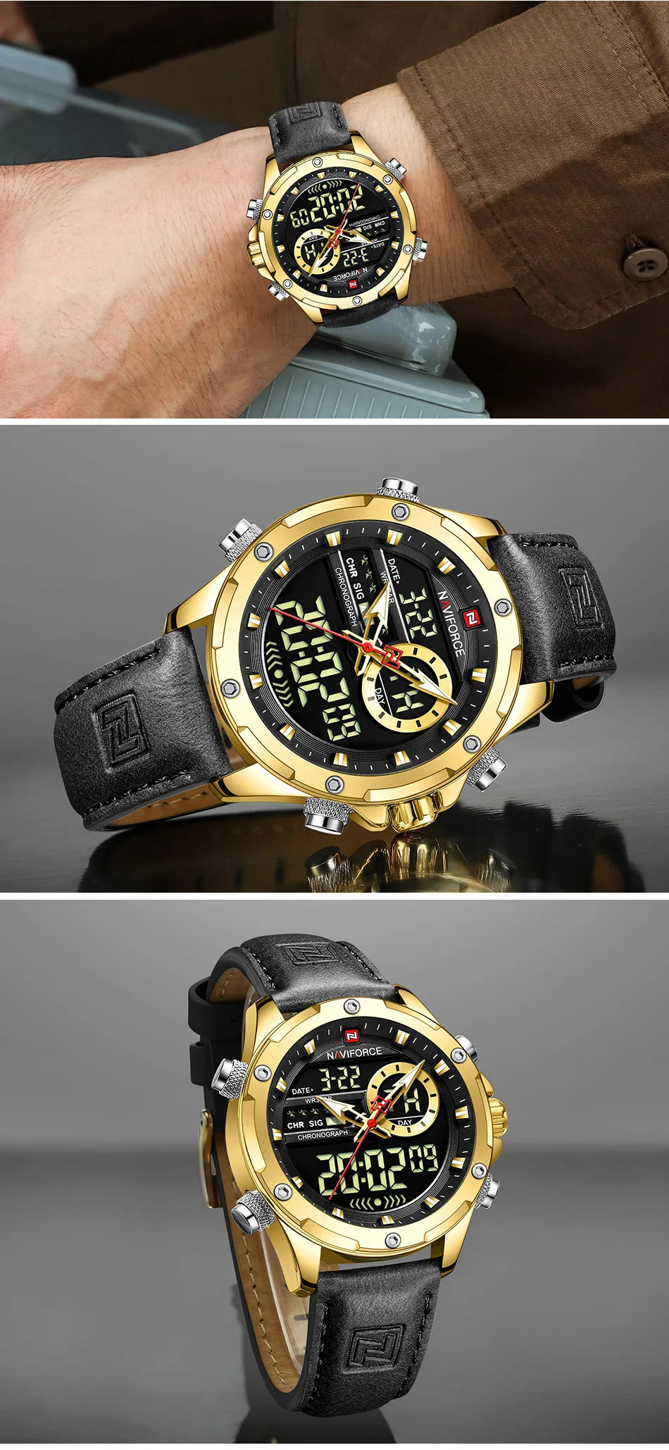 MW-004-UU】NAVIFORCE Digital Men Military Watch Waterproof Wristwatch LED Quartz Sport Male Big Watch