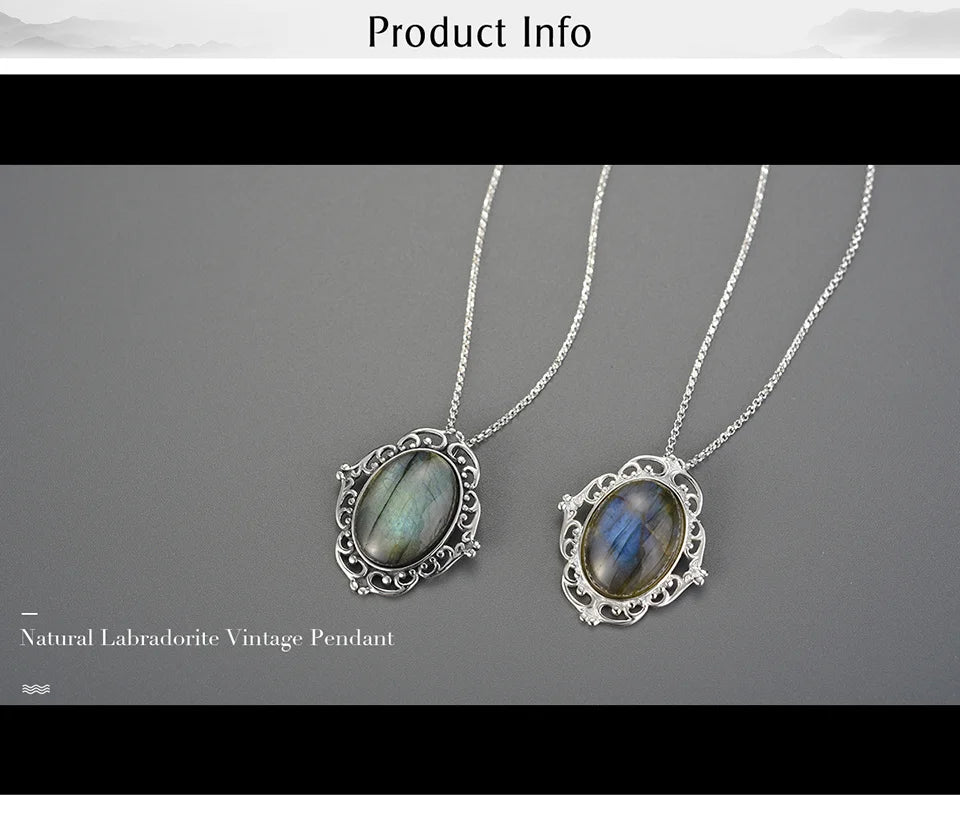 JN-014-UU】Lotus Fun Real 925 Sterling Silver Natural Labradorite Stone Handmade Fine Jewelry Vintage Pendant without Necklace