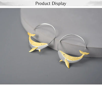 JE-003-UU】Lotus Fun 18K Gold Personality Whale Round Hoop Earrings for Women Real 925 Sterling Silver Original Animal Fashion Fine Jewelry