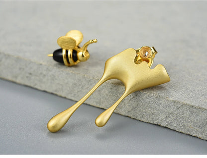 JE-002-UU】Lotus Fun Real 925 Sterling Silver Handmade Fine Jewelry 18K Gold Bee and Dripping Honey Asymmetric Stud Earrings