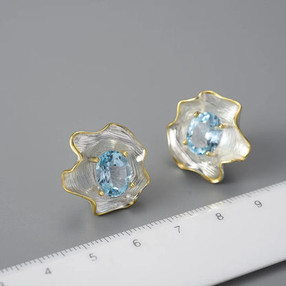 JE-019-UU】Lotus Fun Natural Topaz Gemstone Curled Leaf Stud Earrings for Women 925 Sterling Silver Vintage Baroque Style Luxury Jewelry