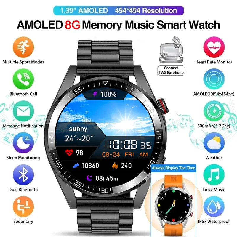 WM-A025-UUJ】8G RAM 454*454 HD Screen Men Smart Watch Always Display Bluetooth Call Local Music Smartwatch For Android ios