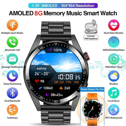 WM-A025-UUJ】8G RAM 454*454 HD Screen Men Smart Watch Always Display Bluetooth Call Local Music Smartwatch For Android ios