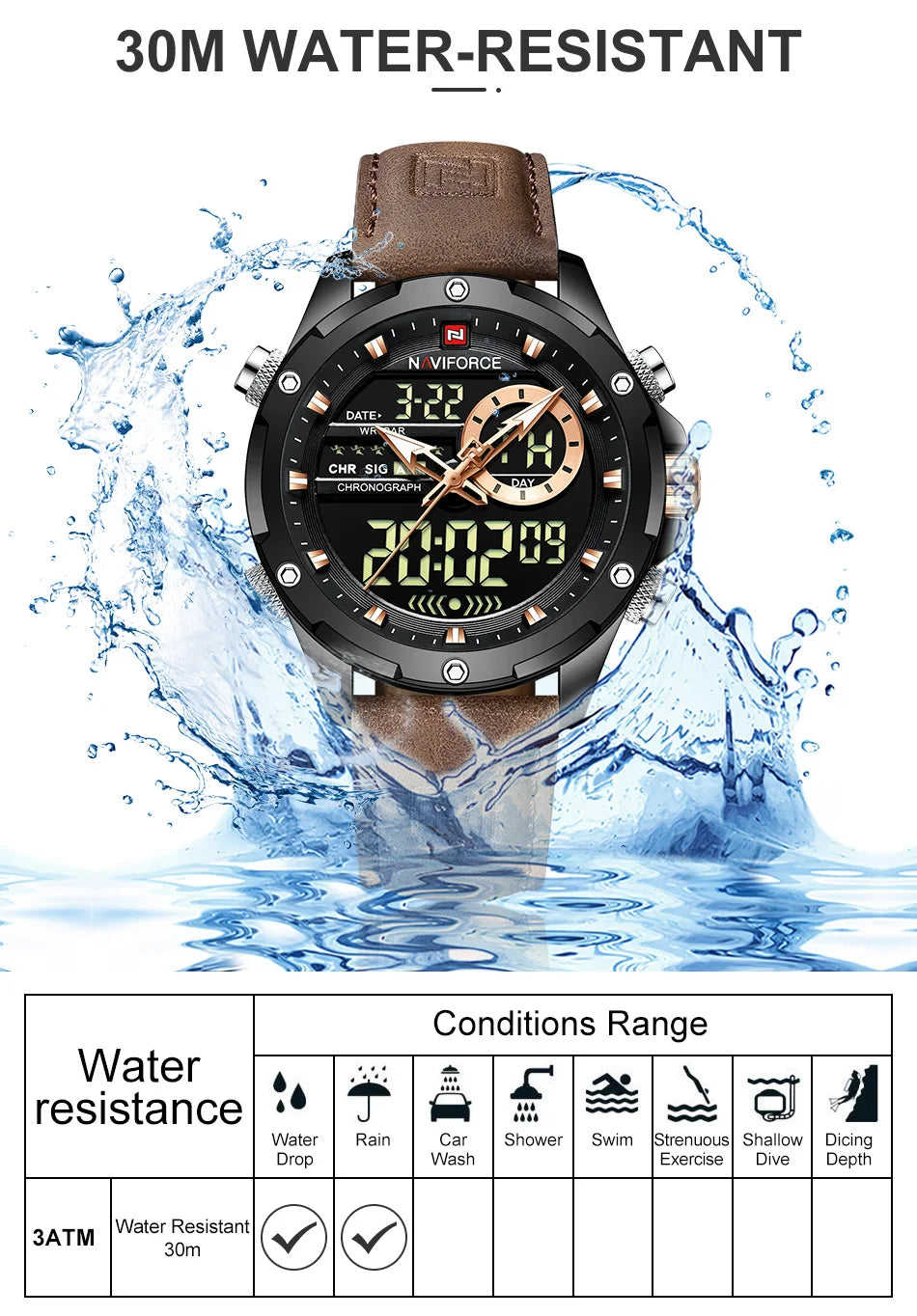 MW-004-UU】NAVIFORCE Digital Men Military Watch Waterproof Wristwatch LED Quartz Sport Male Big Watch