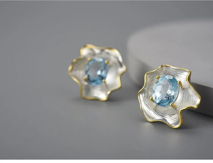 JE-019-UU】Lotus Fun Natural Topaz Gemstone Curled Leaf Stud Earrings for Women 925 Sterling Silver Vintage Baroque Style Luxury Jewelry