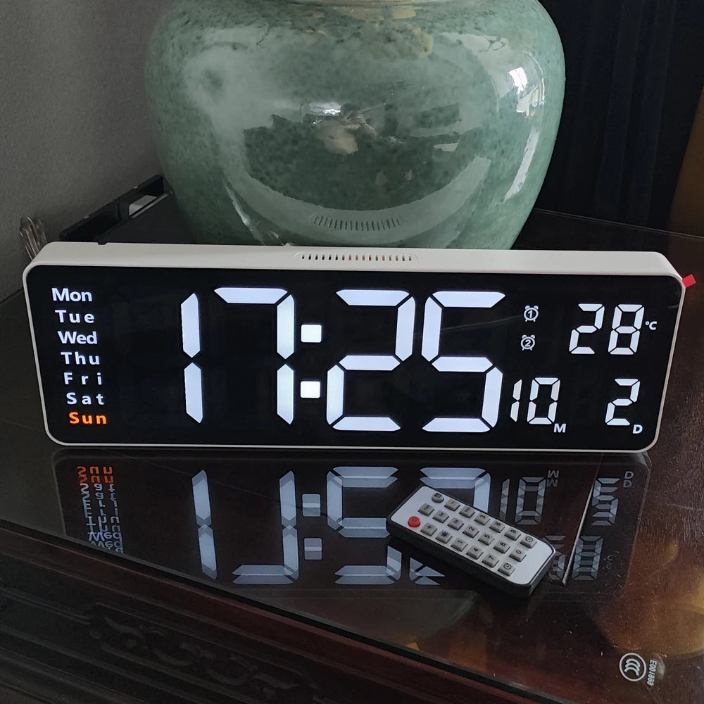 WT-001-UU】Large Digital LED Wall Clock Calendar with Dual Alarms,Temperature Thermometer for Bedroom Living Room Table Desktop Decoration