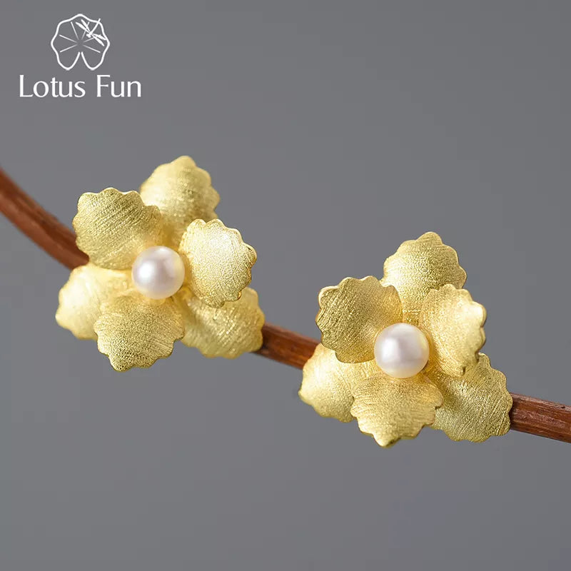 JE-016-UU】Lotus Fun Original 18K Gold Natural Pearl Delicate Begonia Flower Stud Earrings for Women 925 Sterling Silver Fashion Jewelry