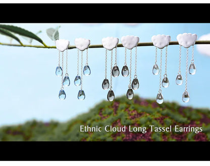 JE-007-UU】Lotus Fun Real 925 Sterling Silver Natural Crystal Gems Fine Jewelry Ethnic Cloud Long Tassel Drop Earrings