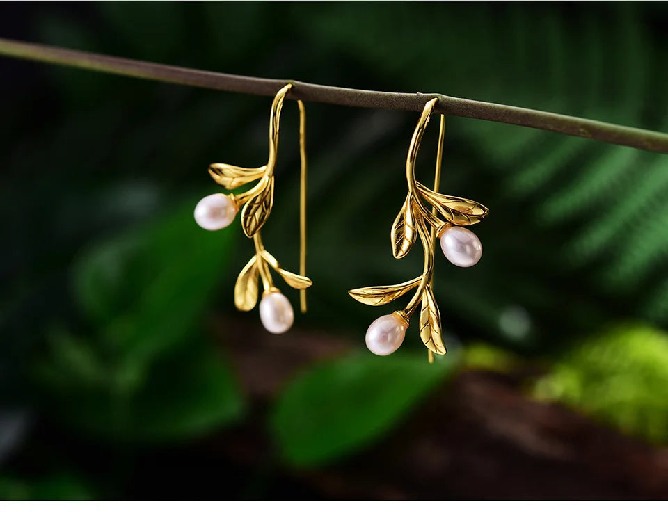 JE-022-UU】Lotus Fun Real 925 Sterling Silver Natural Pearl Earrings Fine Jewelry Waterdrops from the Olive Leaves Drop Earrings for Women