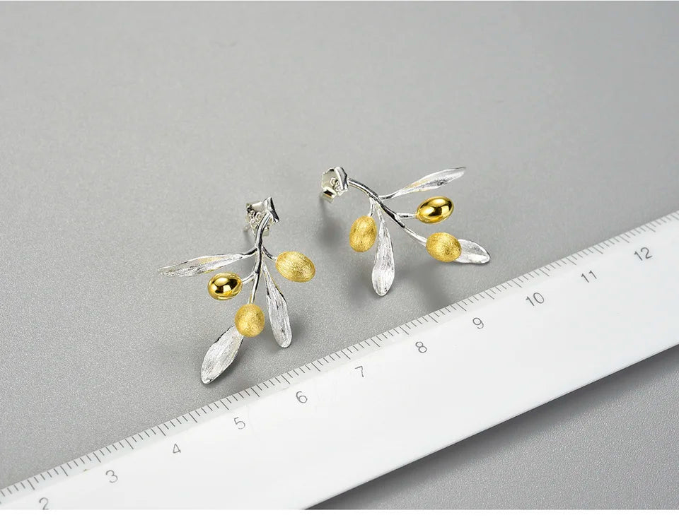 JE-009-UU】Lotus Fun Olive Leaves Branch Fruits Unusual Earrings for Women Real 925 Sterling Silver Original Statement Wedding Fine Jewelry