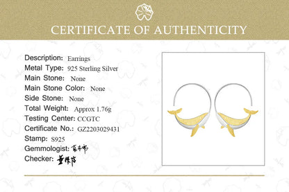 JE-003-UU】Lotus Fun 18K Gold Personality Whale Round Hoop Earrings for Women Real 925 Sterling Silver Original Animal Fashion Fine Jewelry