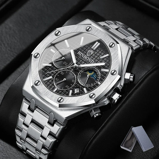 WW-012-UU】Man Casual Watch Luxury Luminous BINBOND B0161 Box Wristwatch Stainless Steel Waterproof Men Date Calendar Clock